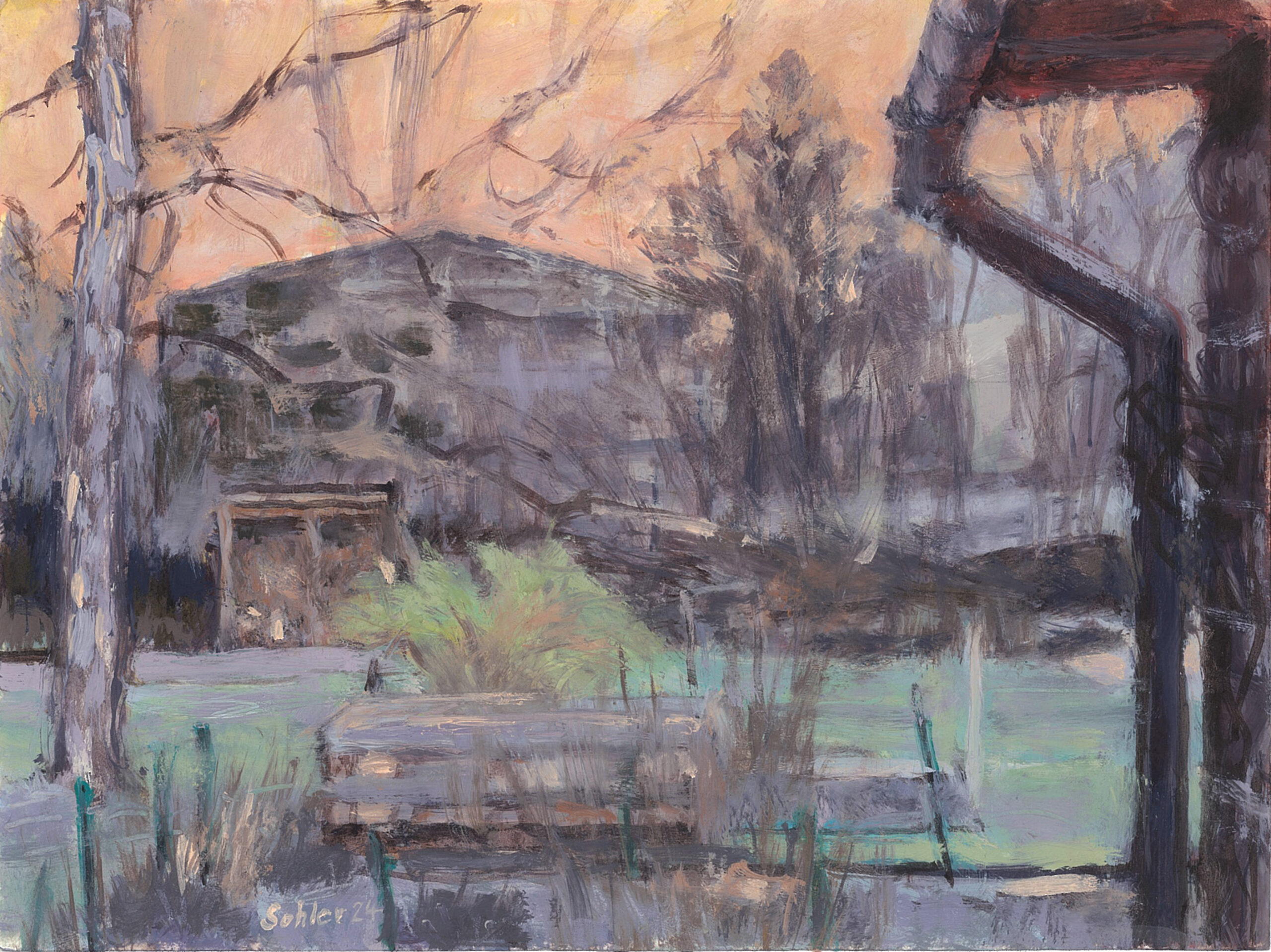 Morgen-Garten im März, 2024, Öl auf Papier, 18 x 24 cm